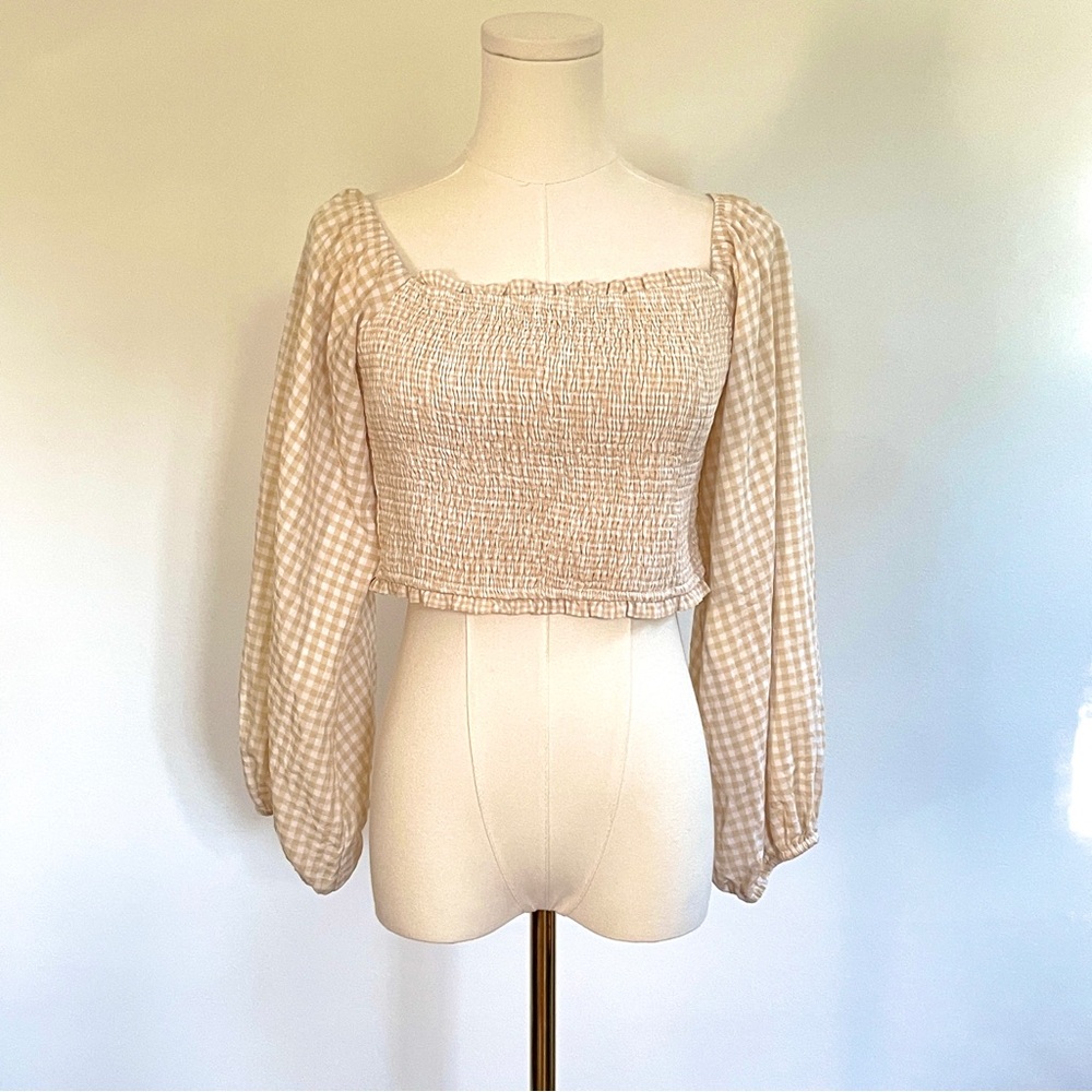 Gingham Boho Smocked Cropped Top Womens L Puff Sleeve Cottagecore Peasant Dainty
